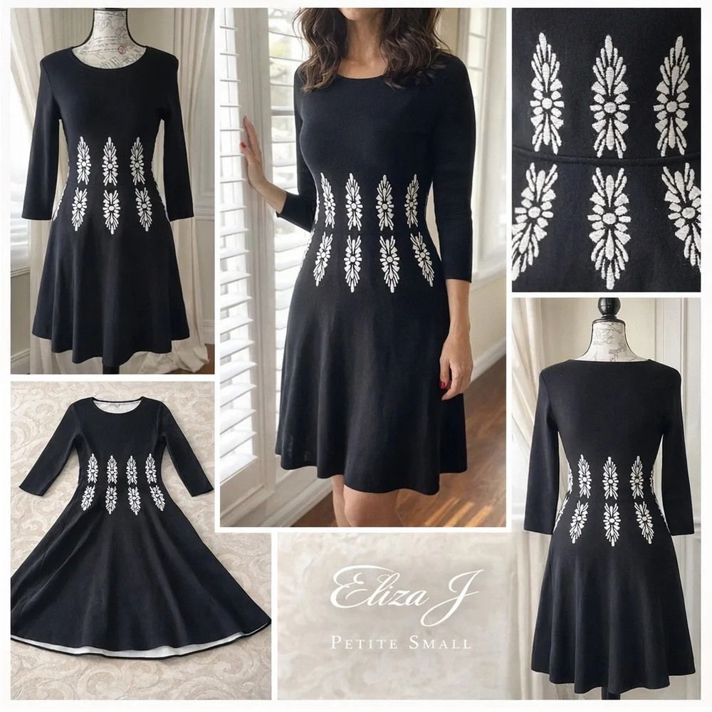 Eliza J Black Fit & Flare Dress 3/4 Sleeve Embellished Waist Knit Small Petite - Picture 2 of 10